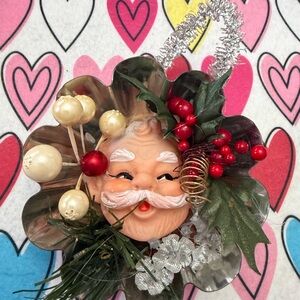 Vintage celluloid Santa face Ornament tart tin w/ vintage Berries and flowers.